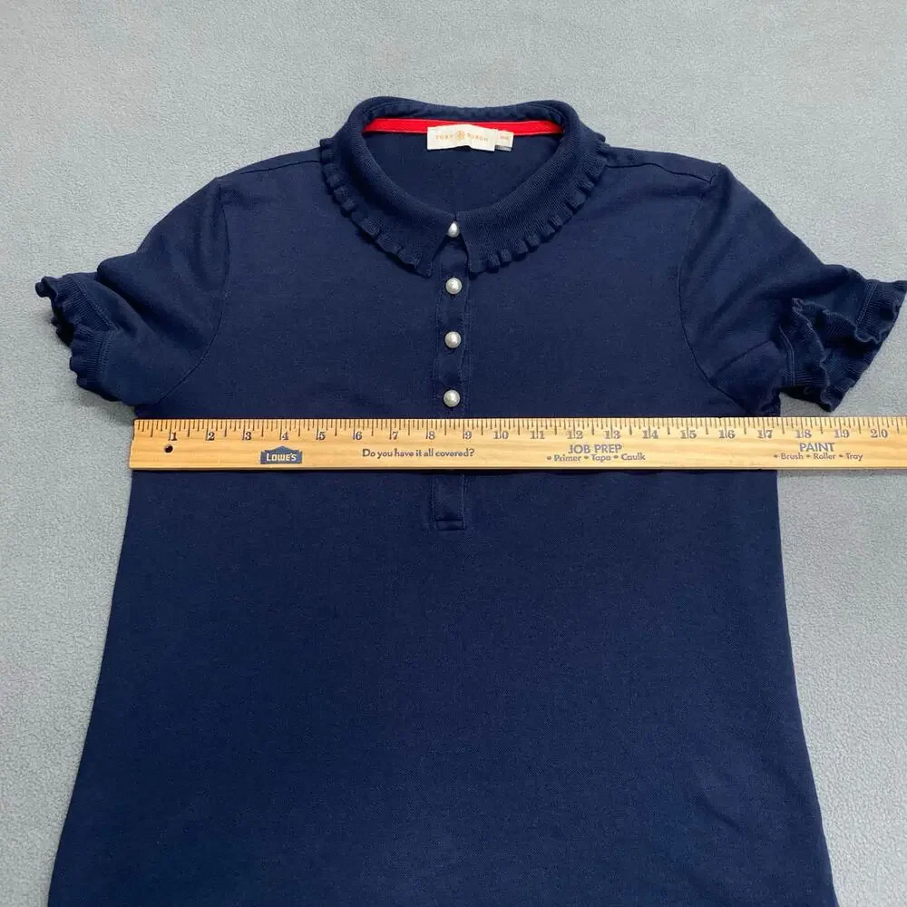 Tory Burch Pearl Button Polo Womens M Lettuce Hem Collar and Sleeves Navy Preppy